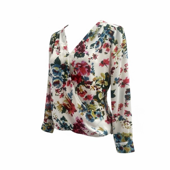Floral Wrap Blouse - Red, Green, Blue - Picture 2 of 5